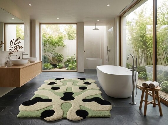 Hand Tufted Abstract Sage Green & Black  Rug, Organic Shape, Modern Neutral Floor Rug