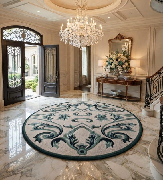 Round Floral Area Rug, Vintage Scroll Design Carpet, Elegant Living Room Rug