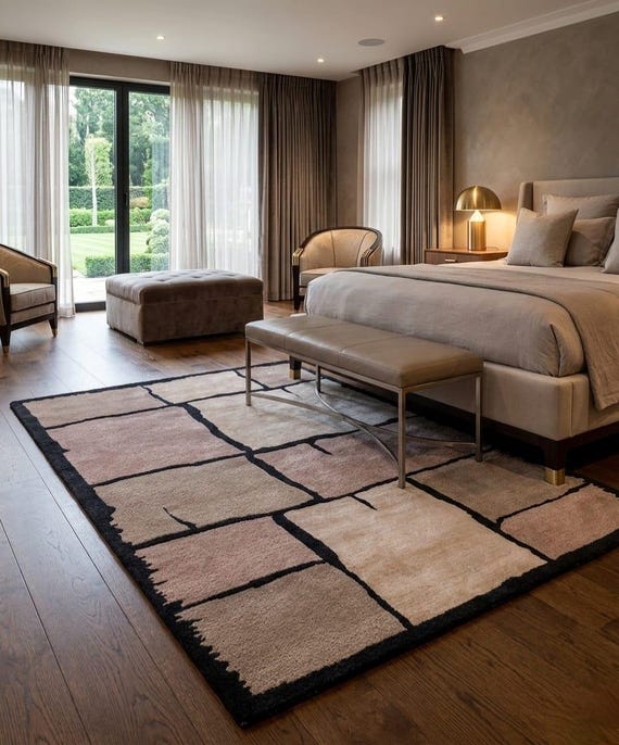 Abstract Geometric Hand-Tufted Wool Rug - Modern Earth Tone Block Pattern Carpet for Luxury Living Room - Beige & Taupe Neutral Area Rug