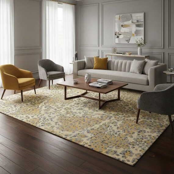 Abstract Wool Area Rug Organic Pattern Yellow Gray Floor Decor
