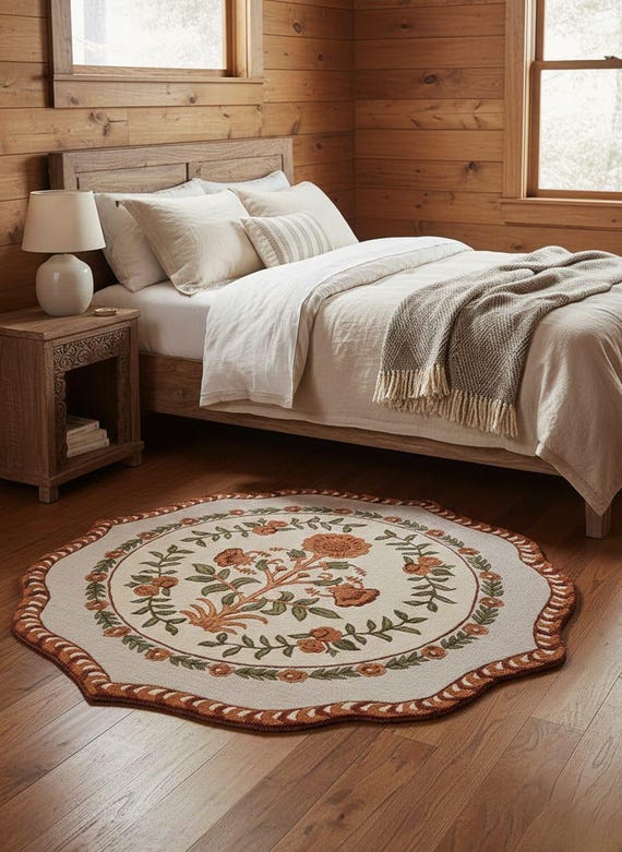 Hand-Tufted Scalloped Botanical Rug - Earthy Floral Round Wool Area Rug for Cottagecore Bedroom and Living Room