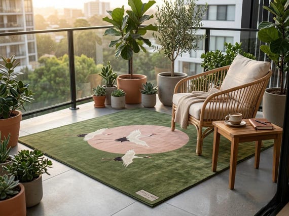 Handmade Green Wool Area Rug with Japanese Crane Design | Modern Luxury Living Room Carpet