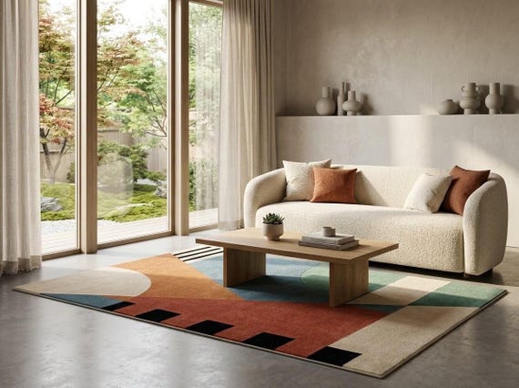Modern Abstract Geometric Wool Area Rug | Hand-Tufted Mid-Century Color Block Carpet for Living Room, Bedroom & Office