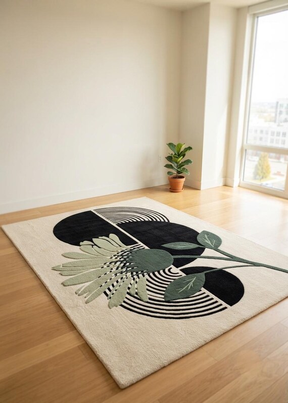 New Zealand Wool Botanical Rug, Abstract Black and Green Modern Area Rug, Geometric Leaf Design for Living Room Decor