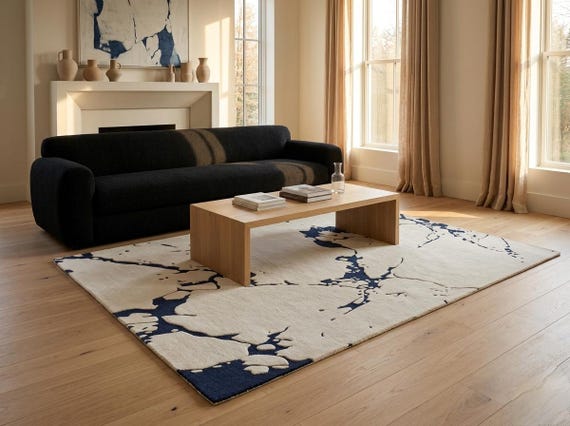 Modern Abstract Blue & Cream Wool Area Rug | Hand-tufted floral carpet