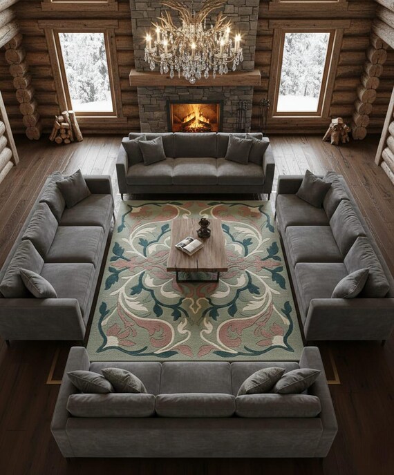 Hand Tufted Traditional Area Rug Green Pink Floral Carpet