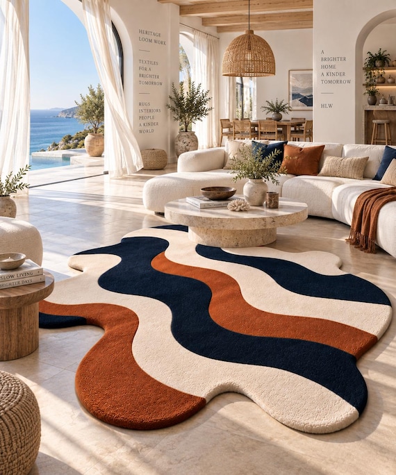 Abstract Wave Wool Rug, Navy Blue Rust Orange Ivory Area Rug, New Zealand Wool Irregular Shape Carpet, Modern Retro Living Room Rug
