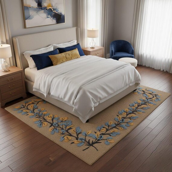 Botanical Floral Border Rug, Hand Tufted Neutral Area Rug with Blue and Gold Laurel Leaves, French Country Home Decor, Wool Bedroom Rug