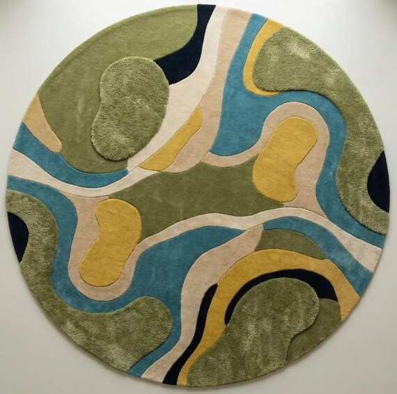 Hand Tufted New Zealand Wool Round Area Rug Abstract Modern Luxury Floor Decor