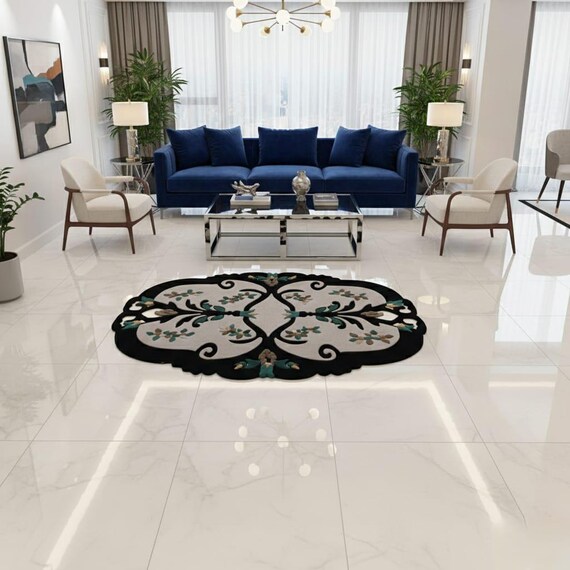100% Wool Hand Tufted Area Rug, Floral Black Border Carpet, Luxury Decorative Floor Rug for Living Room, Hallway, Bedroom Home Decor