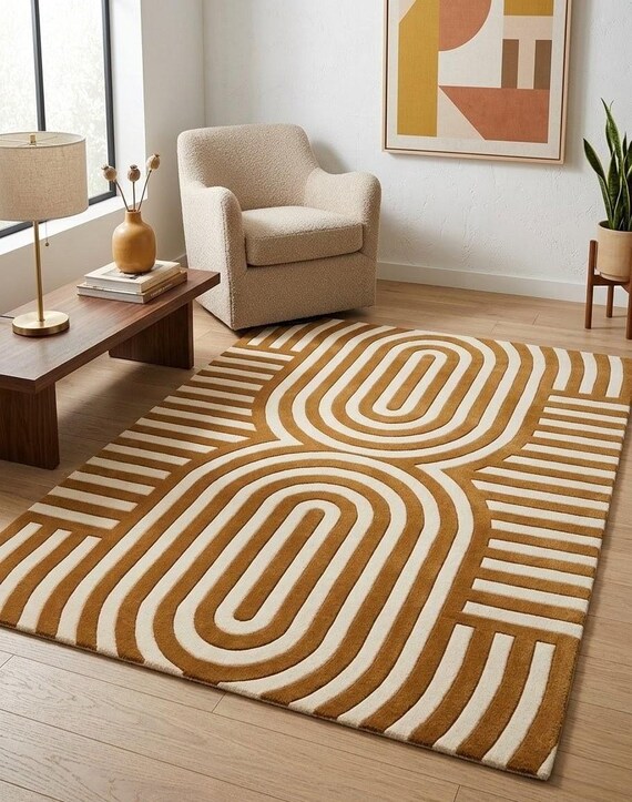 Modern Geometric Terracotta Wool Area Rug | Hand-Tufted Mid-Century Abstract Floor Carpet