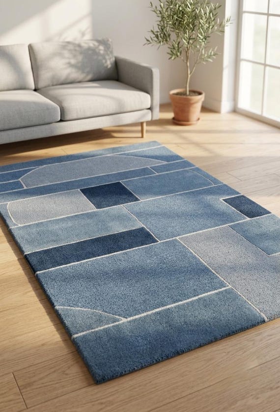 Blue Geometric Area Rug, Modern Abstract Wool Rug, Contemporary Living Room Floor Decor