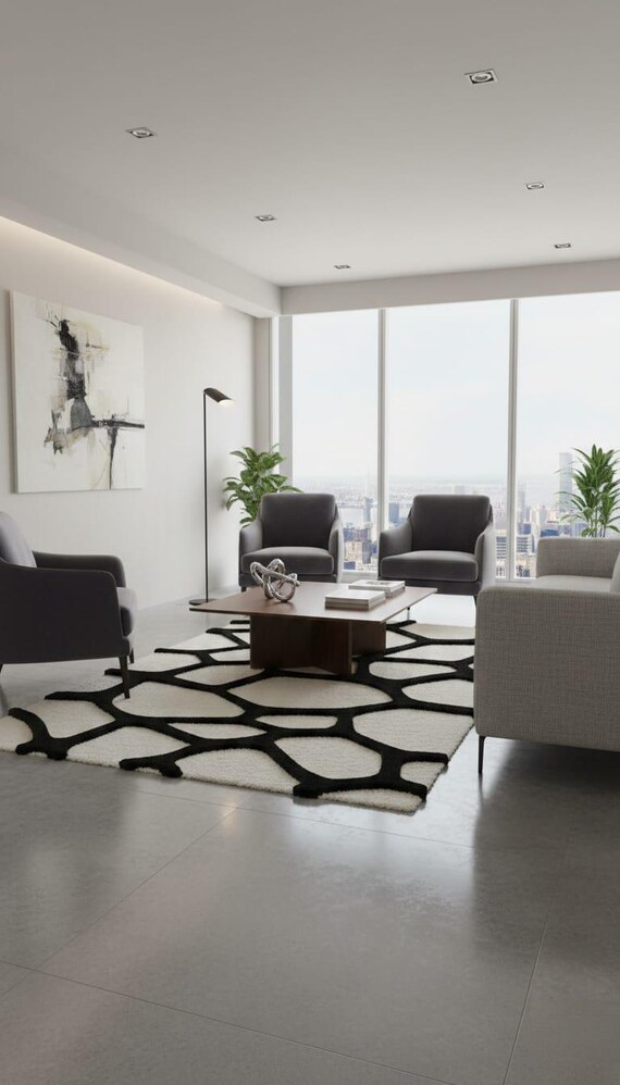 Hand Tufted Black and White Rug, Modern Abstract Area Rug, Contemporary Geometric Carpet, Living Room Bedroom Large Rug