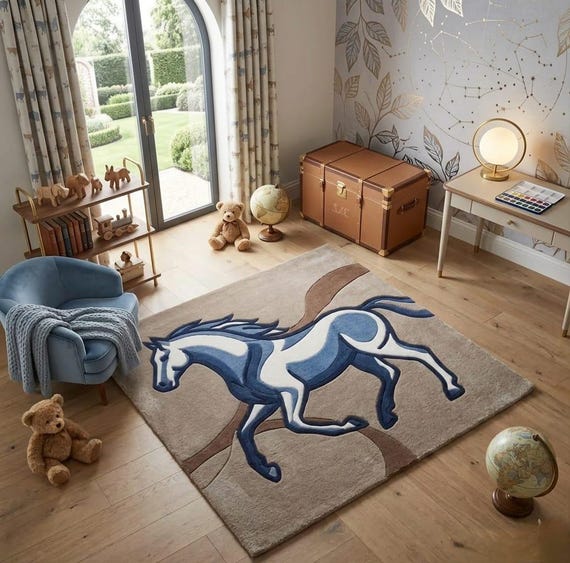Hand Tufted New Zealand Wool Horse Rug Blue Equestrian Area Rug Luxury Living Room Carpet