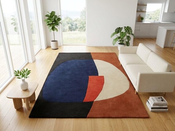 Abstract Geometric Area Rug Hand Tufted Wool Modern Color Block Carpet