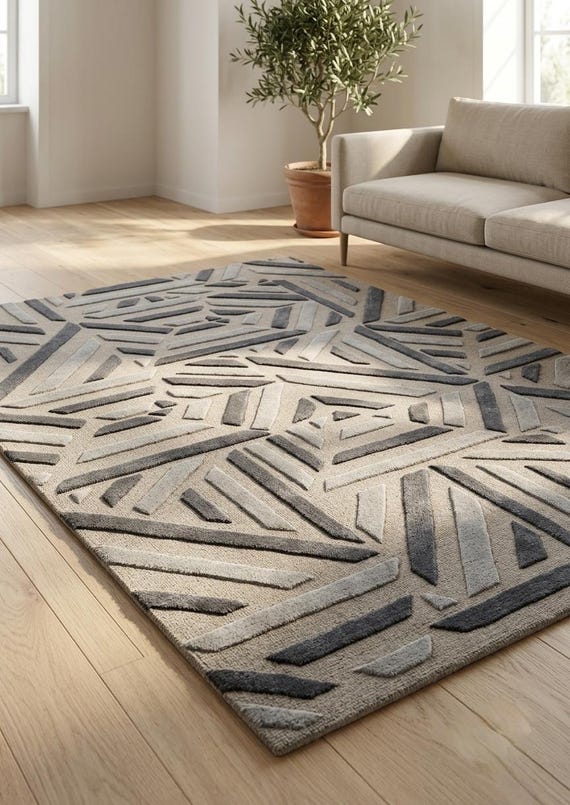 New Zealand Wool Abstract Geometric Area Rug, Neutral Gray Modern Living Room Rug