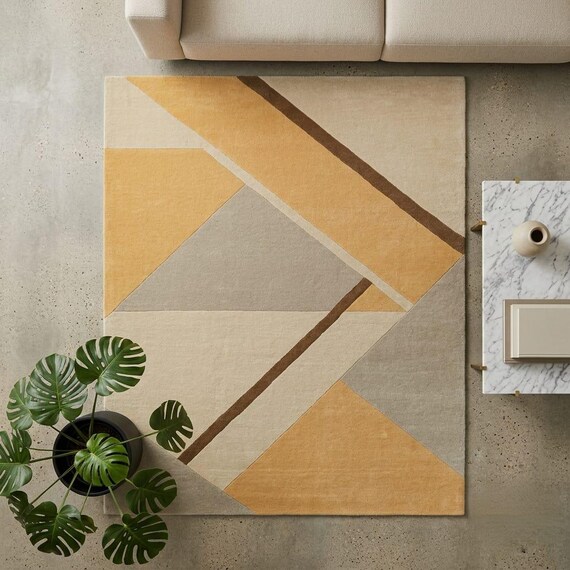 Modern Geometric Area Rug, Beige Gray Mustard Abstract Rug, Contemporary Living Room Carpet, Neutral Geometric Floor Rug, Minimalist Decor