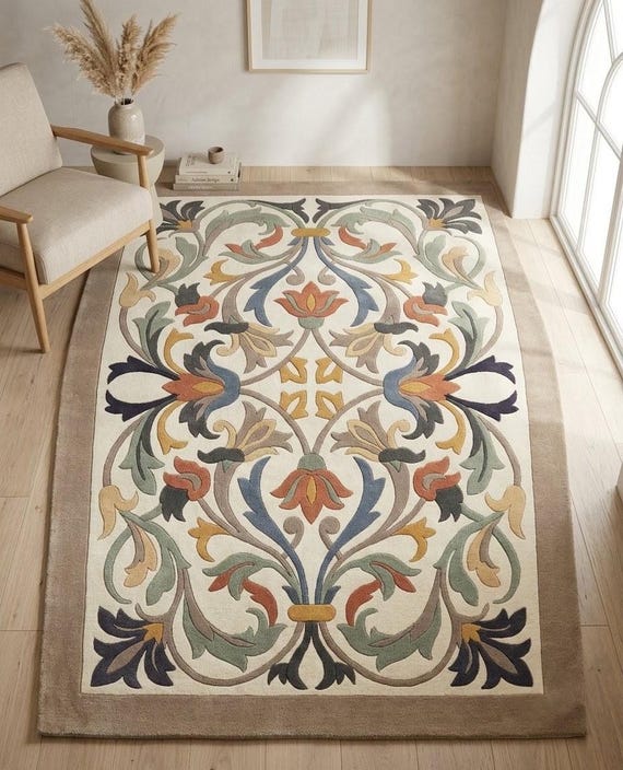 New Zealand Wool Floral Area Rug, Traditional Persian Style, Handcrafted Rectangular Rug