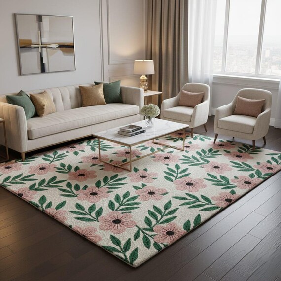 Pink Floral Botanical Area Rug Cream Green Leaf Pattern Carpet