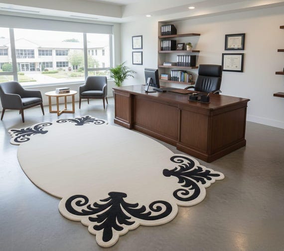 Custom Design Hand Tufted Area Rug, Luxury Sculpted Wool Carpet with Ornate Black Motif, Elegant Statement Floor Rug for Modern Home Decor