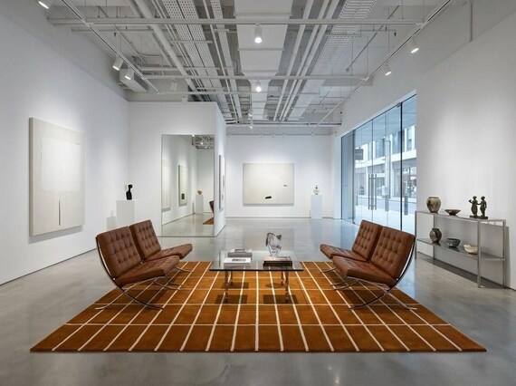 Terracotta Grid Wool Area Rug – Modern Minimalist Rust & White Geometric Tufted Carpet for Living Room