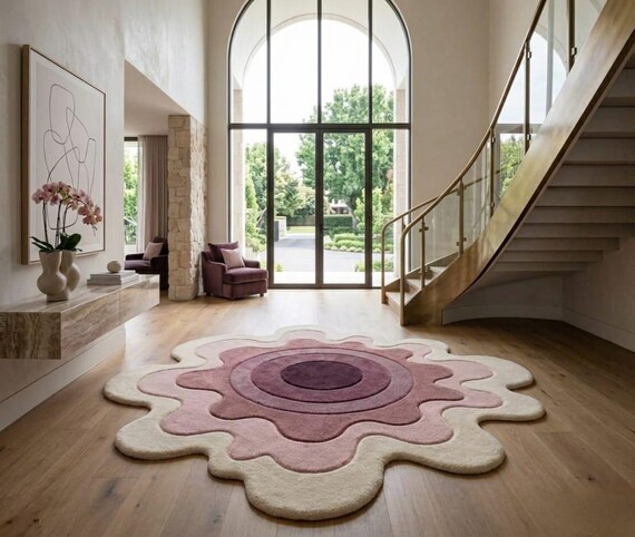 Hand Tufted Floral Shape Wool Rug Blush Cream Area Decor