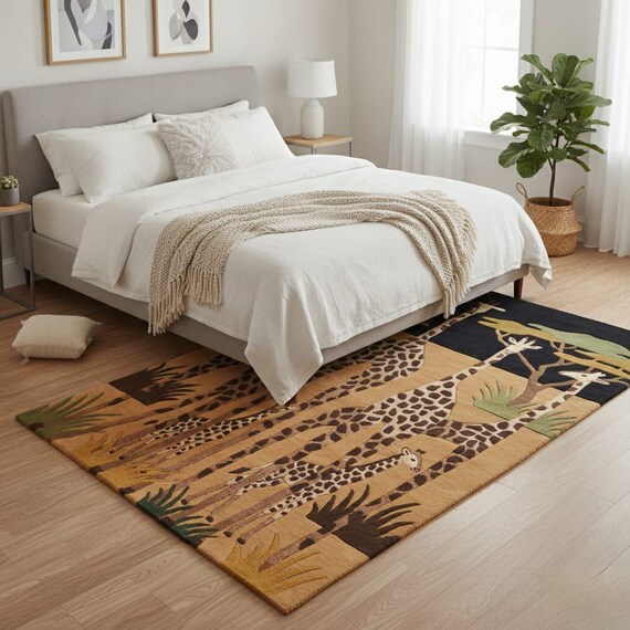 Hand Tufted Giraffe Rug Wool Cotton Safari Animal Area Rug statment home decor jungle theme area rug