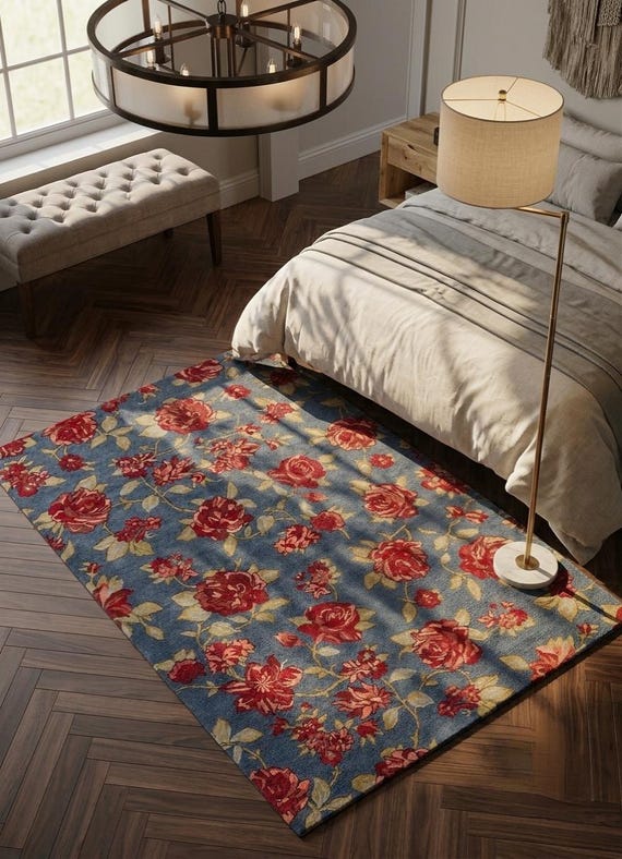 Blue Floral Area Rug, Red Rose Wool Rug, Hand Tufted New Zealand Wool Carpet, Vintage Botanical Living Room Rug