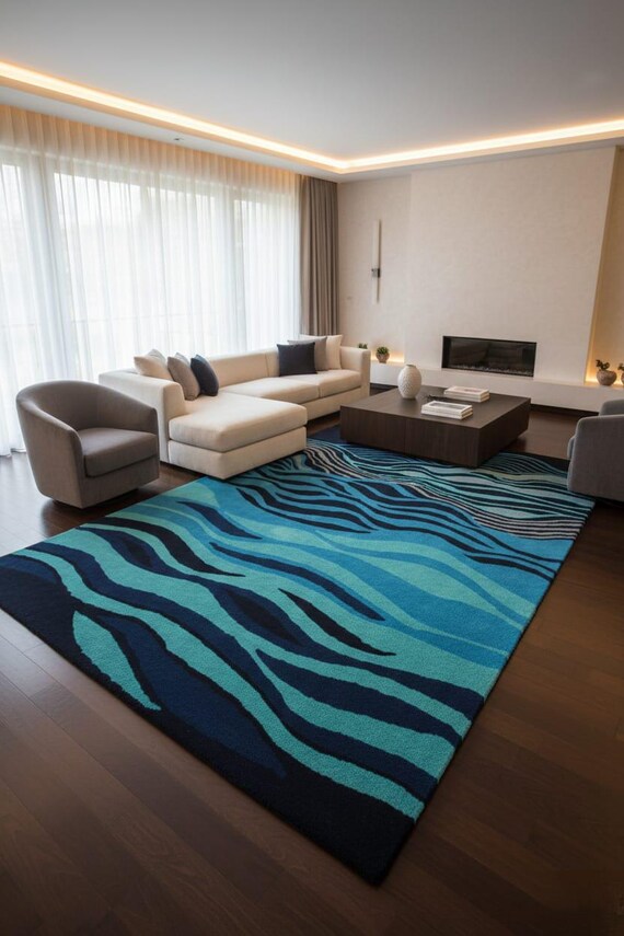 Hand Tufted Wavy Area Rug | Abstract Blue and Teal Coastal Carpet | Modern Ocean Wave Bedroom Decor | Vibrant Deep Sea Living Room Floor Art