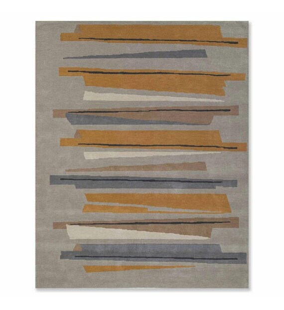 Abstract Wool Area Rug Horizontal Stripes Modern Neutral Floor Decor