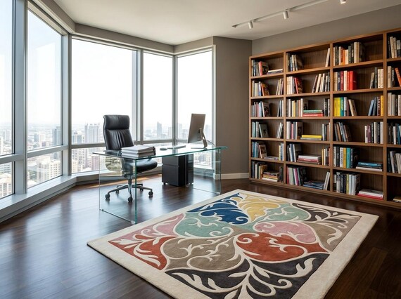 Hand Tufted Wool Area Rug - Modern Geometric Floral Scroll Medallion Pattern Carpet for Living Room & Bedroom Floor Decor