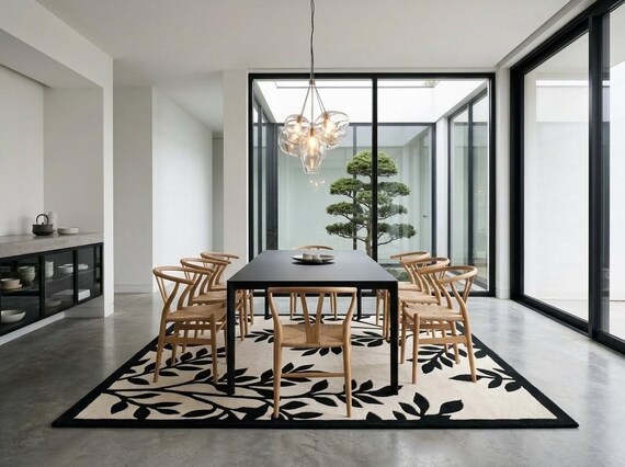 Hand-Tufted Botanical Wool Rug – Cream & Black Leaf Runner / Area Rug