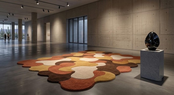 Hand Tufted Modern Abstract Area Rug, Organic Shaped Terracotta Brown Mustard Cream Statement Floor Rug