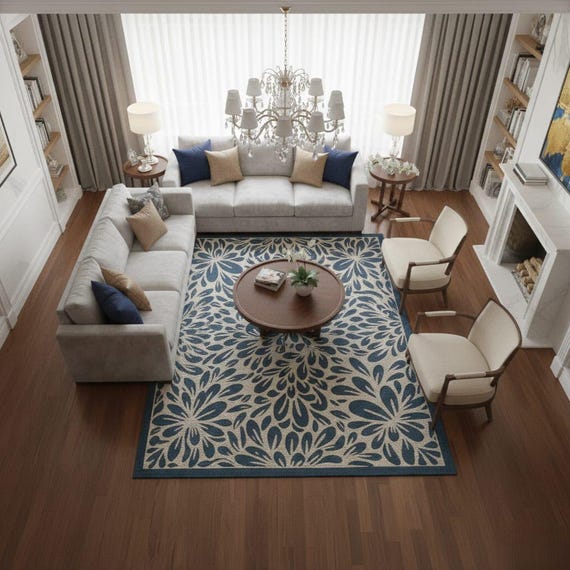 Hand Tufted Floral Area Rug Blue Ivory Modern Farmhouse Carpet