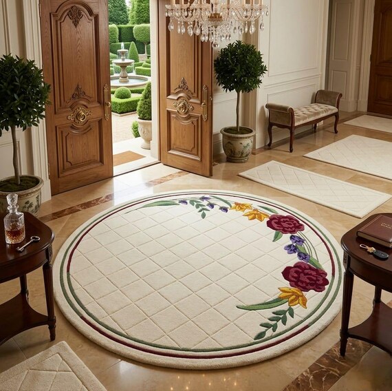 Hand Tufted Floral Round Wool Rug, Botanical Area Rug, Large Circle Rug for Living Room, Bedroom Rug, Entryway Rug, Handmade Floral Carpet