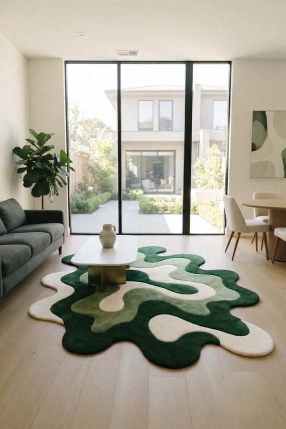 Abstract Organic Shape New Zealand Wool Rug, Green Cream Irregular Area Rug, Modern Sculptural Floor Decor