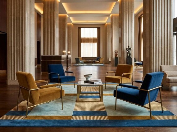 Modern Mid-Century Geometric Wool Area Rug - Blue & Mustard Gold Block Pattern Contemporary Floor Carpet