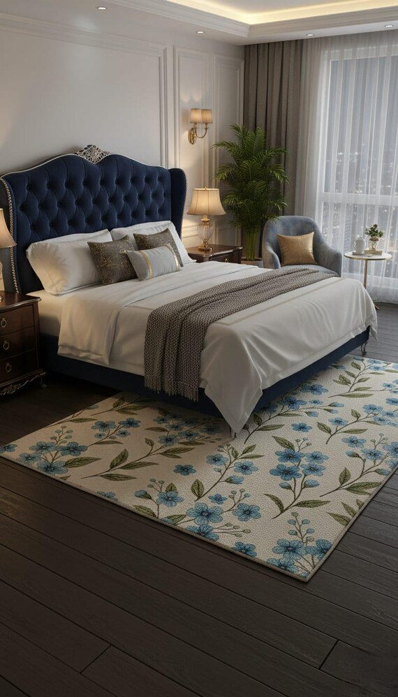 100% Wool Hand Tufted Floral Area Rug, Cream Blue Botanical Carpet