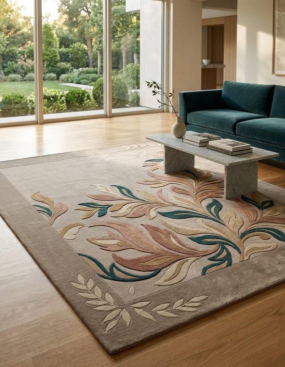 Hand Tufted Floral Wool Rug Botanical Leaf Area Rug Neutral Pastel Floor Rug Elegant Living Room Bedroom Decor
