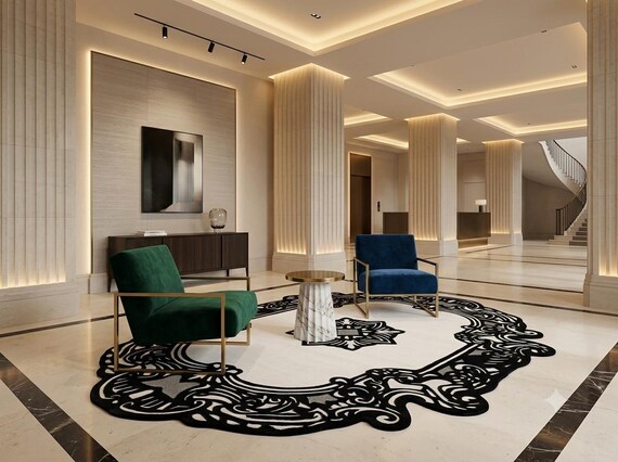 Luxury Black & White Wool Oval Area Rug | Hand-Tufted Vintage Baroque Carpet