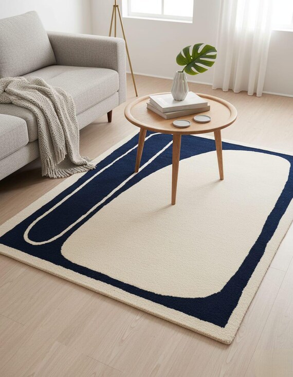 Modern Navy Cream Area Rug Minimalist Abstract Living Room Carpet