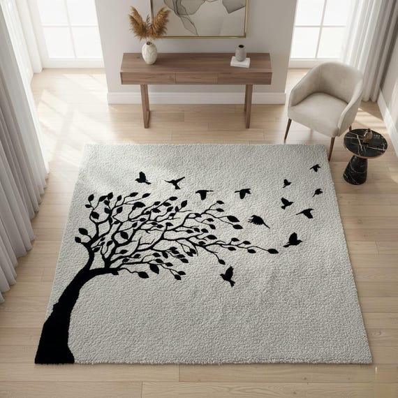 Minimalist Black and White Tree Rug - Modern Nature-Inspired Area Rug with Birds - Shag Texture for Living Room, Bedroom & Nursery.
