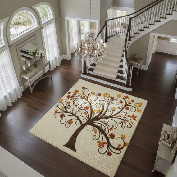 Fall Tree Area Rug Cream Brown Autumn Leaves Carpet