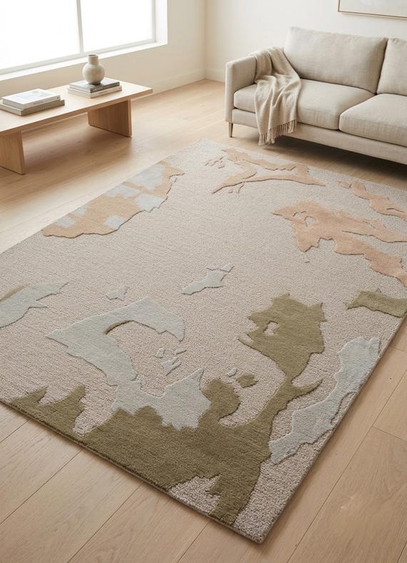 Hand Tufted Abstract Area Rug Neutral Beige Modern Carpet