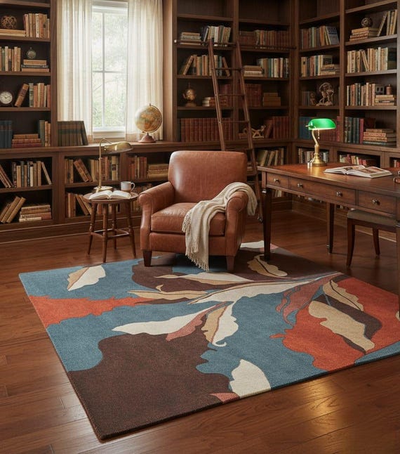 Abstract Botanical Area Rug Modern Leaf Pattern Teal Blue Rust Brown Beige Handmade Style Living Room Home Decor Statement Floor Carpet Art