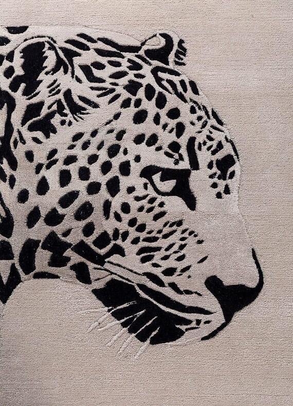 Minimalist Leopard Rug Black and Beige Animal Print Area Rug Viscose and Wool Modern Safari Scandinavian Neutral Floor Rug