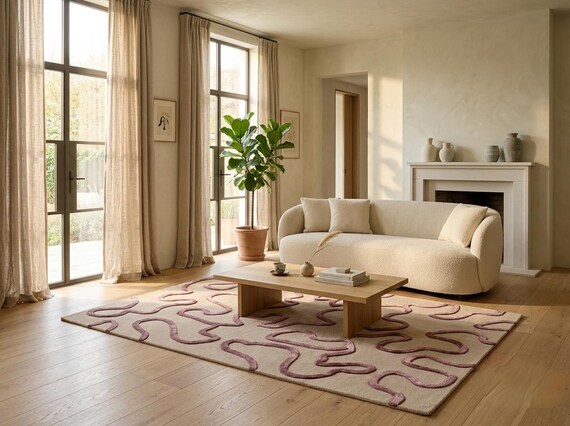 Hand-Tufted Wool Rug: Sculpted Dusty Rose Squiggle Pattern on Cream | Organic Modern Area Carpet for Living Room & Bedroom