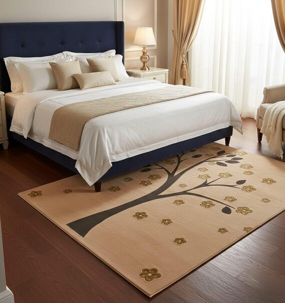 Hand Tufted Wool Area Rug Modern Tree of Life Design with Floral Accents Decorative Floor Carpet for Bedroom Living Room