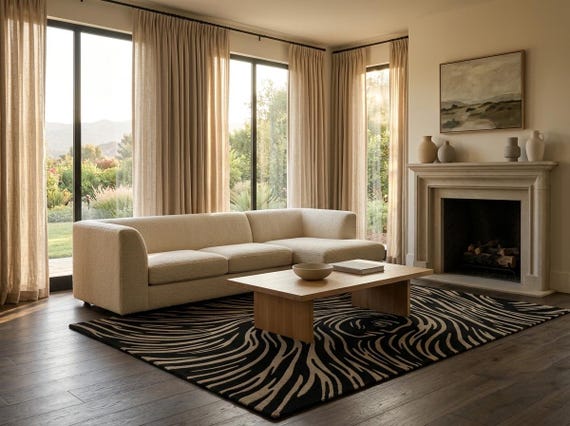 Modern Abstract Woman Face Wool Area Rug - Hand-Tufted Black & Beige Woodcut Line Art Carpet for Living Room Bedroom Nursery