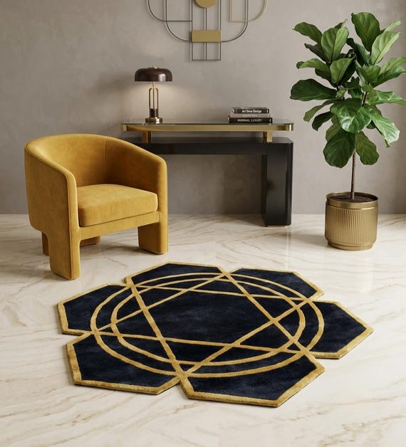 Black and Gold Geometric Rug, Luxury Modern Area Rug, Hand Tufted New Zealand Wool Rug, Abstract Designer Carpet